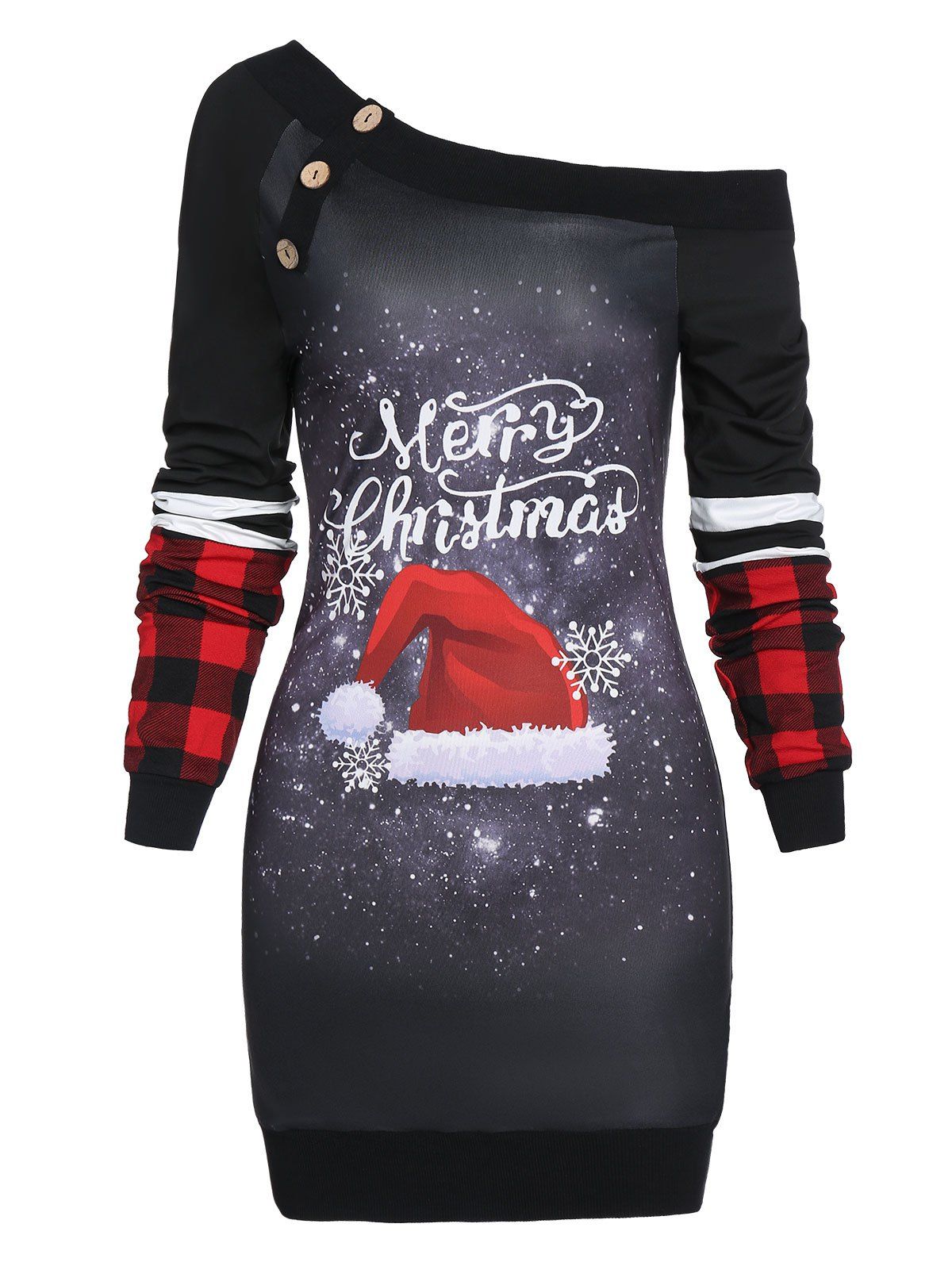 

Skew Neck Hat Print Christmas Dress, Black