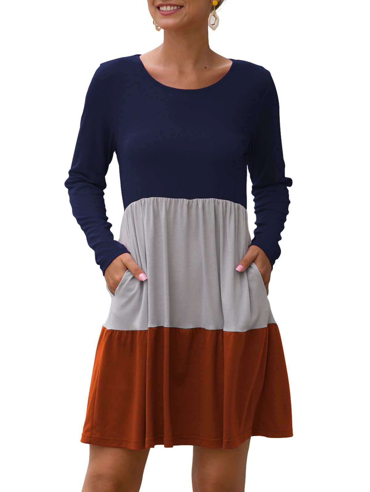 

Colorblock Round Neck Mini Flare Dress, Deep brown