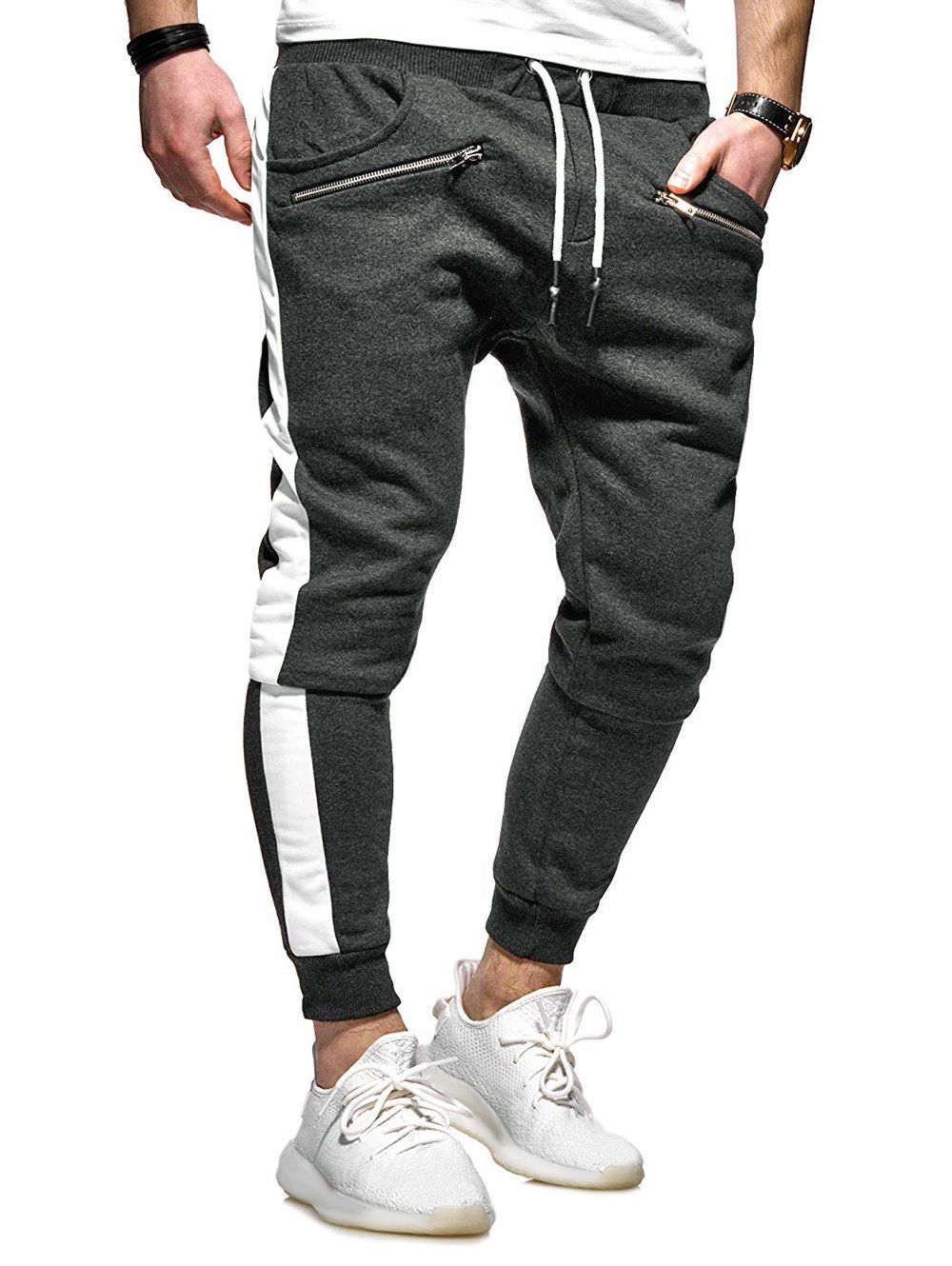 

Contrast Trim Zipper Pocket Sport Jogger Pants, Dark gray