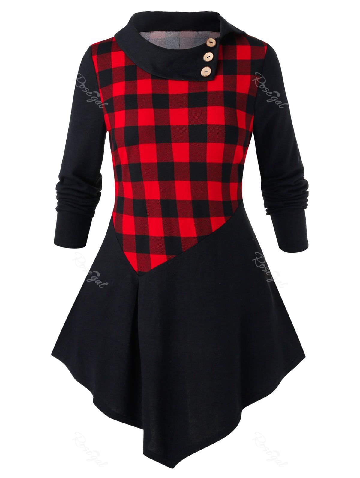 

Plus Size Checked Panel Tunic Turn-down Collar T Shirt, Black