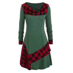 Plus Size Plaid Ruffled Skew Neck Long Tunic Tee, Green