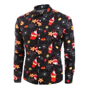 

Christmas Santa Claus and Snowflake Print Button Up Curved Hem Shirt, Black