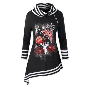 

Plus Size Christmas Elk Print Striped Asymmetric Tunic Sweatshirt, Multi