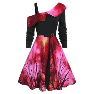 

Halloween Starry Sky Pattern Skew Neck Dress, Ruby red