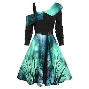 

Halloween Starry Sky Pattern Skew Neck Dress, Deep green
