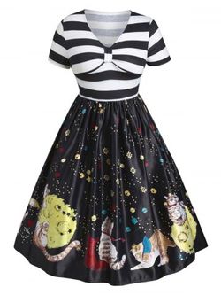 Plus Size Vintage Stripe Knotted Cat Starry Sky Print Dress - BLACK - L