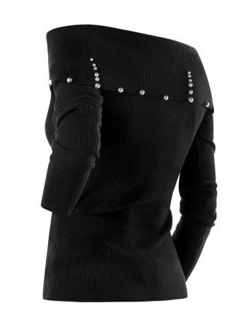 

Plus Size Off Shoulder Foldover Beading Sweater, Black
