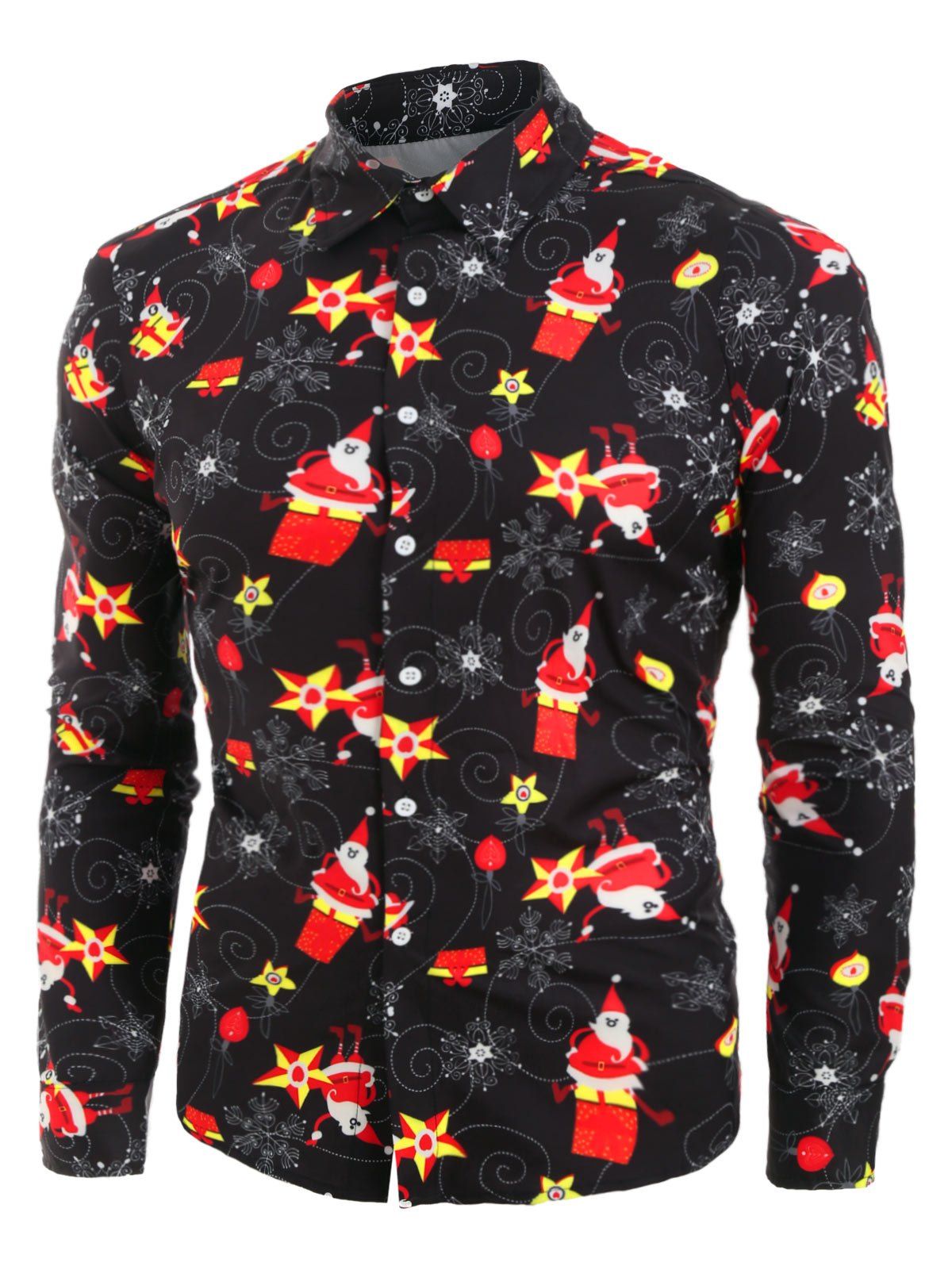 Cheap Christmas Santa Claus and Snowflake Print Button Up Curved Hem Shirt  
