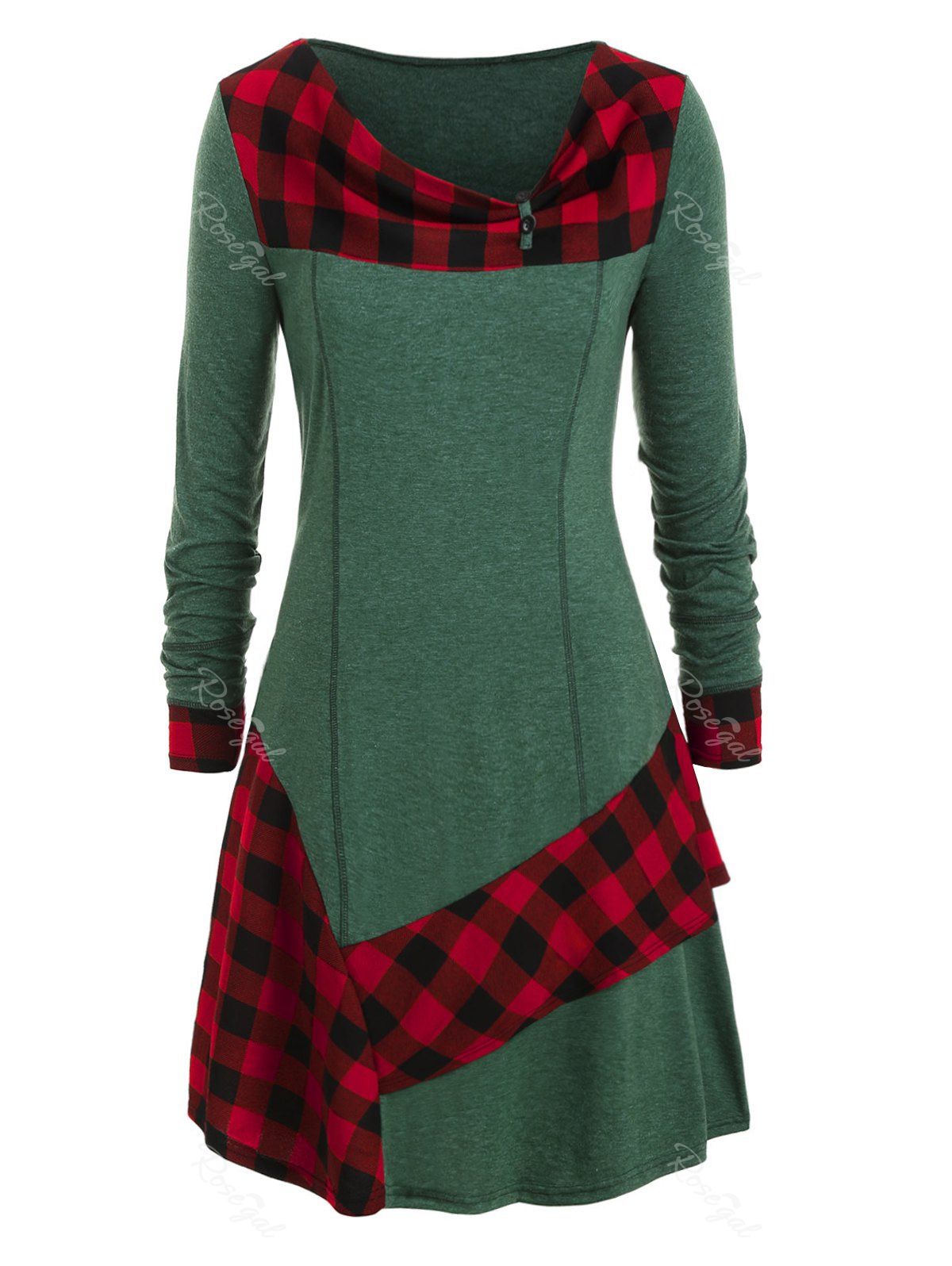 

Plus Size Plaid Ruffled Skew Neck Long Tunic Tee, Green