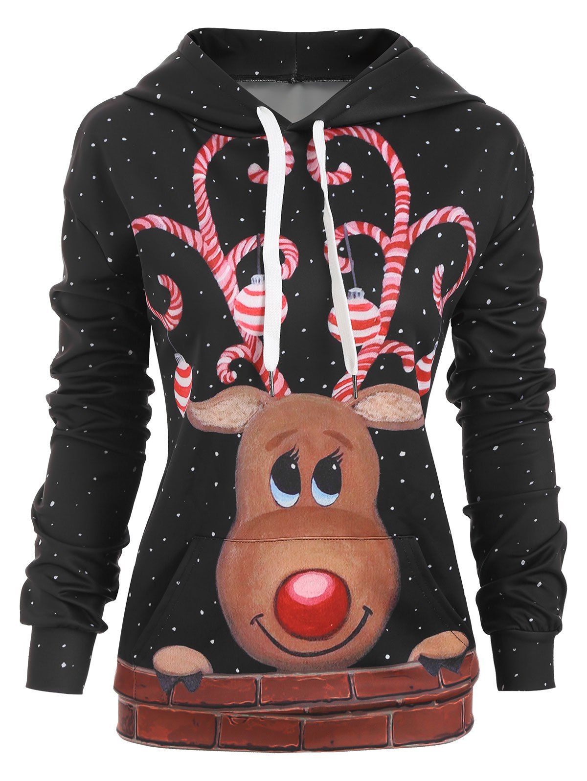 

Reindeer Snow Front Pocket Christmas Loose Hoodie, Black