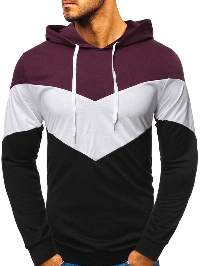 

Contrast Rib-knit Trim Drawstring Pullover Hoodie, Multi-a