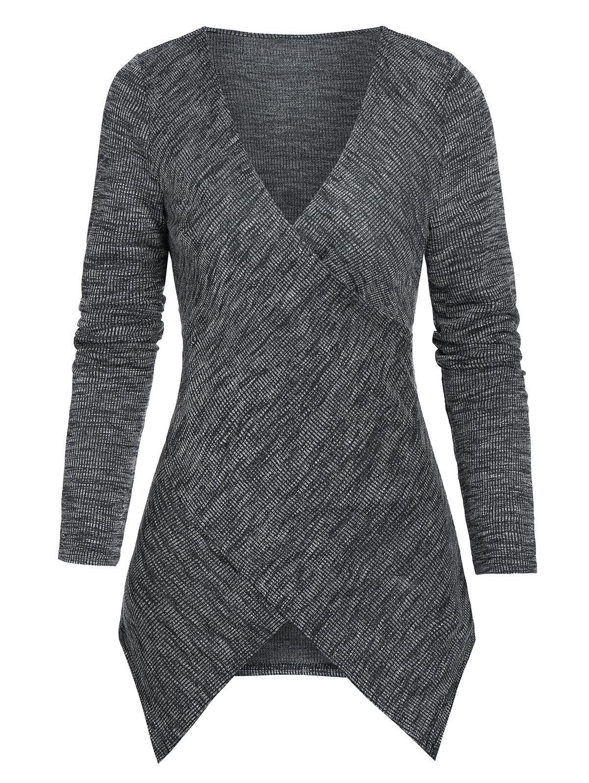 

Plunge Neck Heathered Long Sleeve Crossover T-shirt, Dark gray