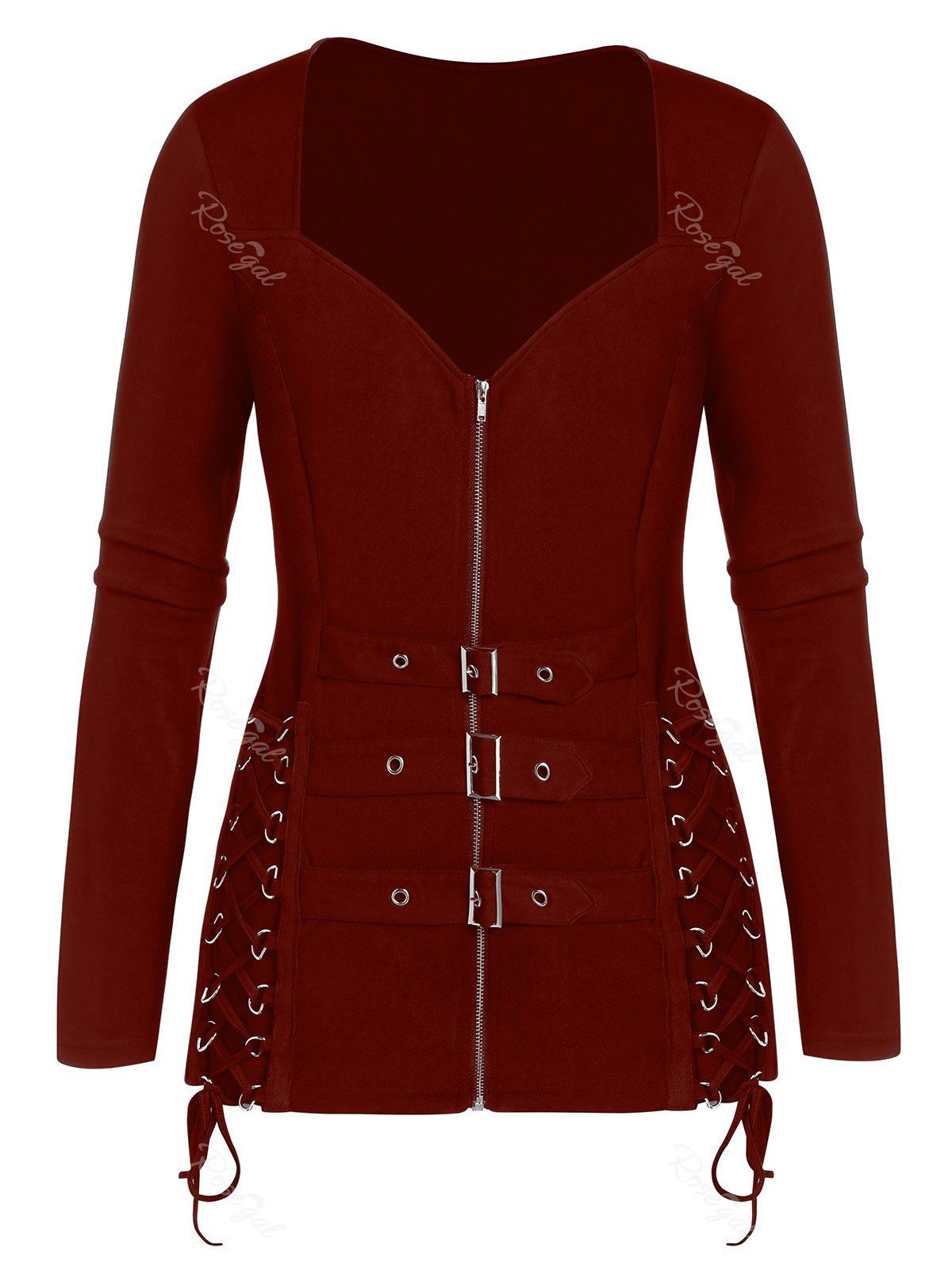 

Plus Size Zippered Long Sleeve Rings T Shirt, Red dirt