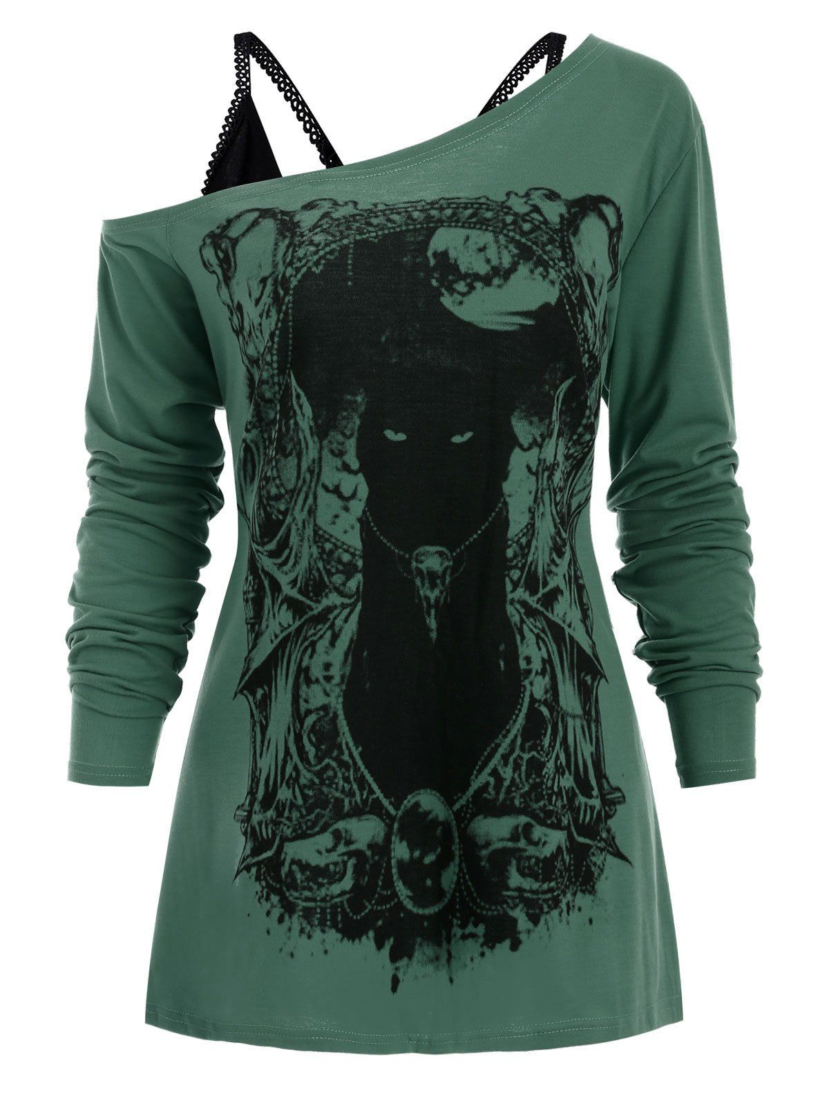 

Cat Long Sleeves Gothic Tee with Cami Top, Hazel green