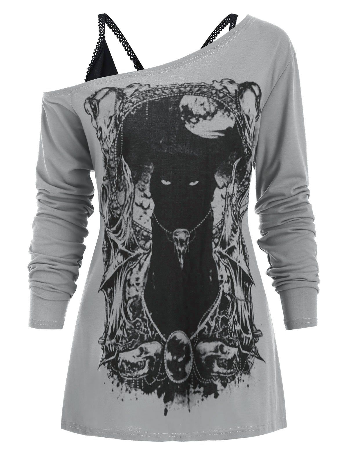 

Cat Long Sleeves Gothic Tee with Cami Top, Battleship gray