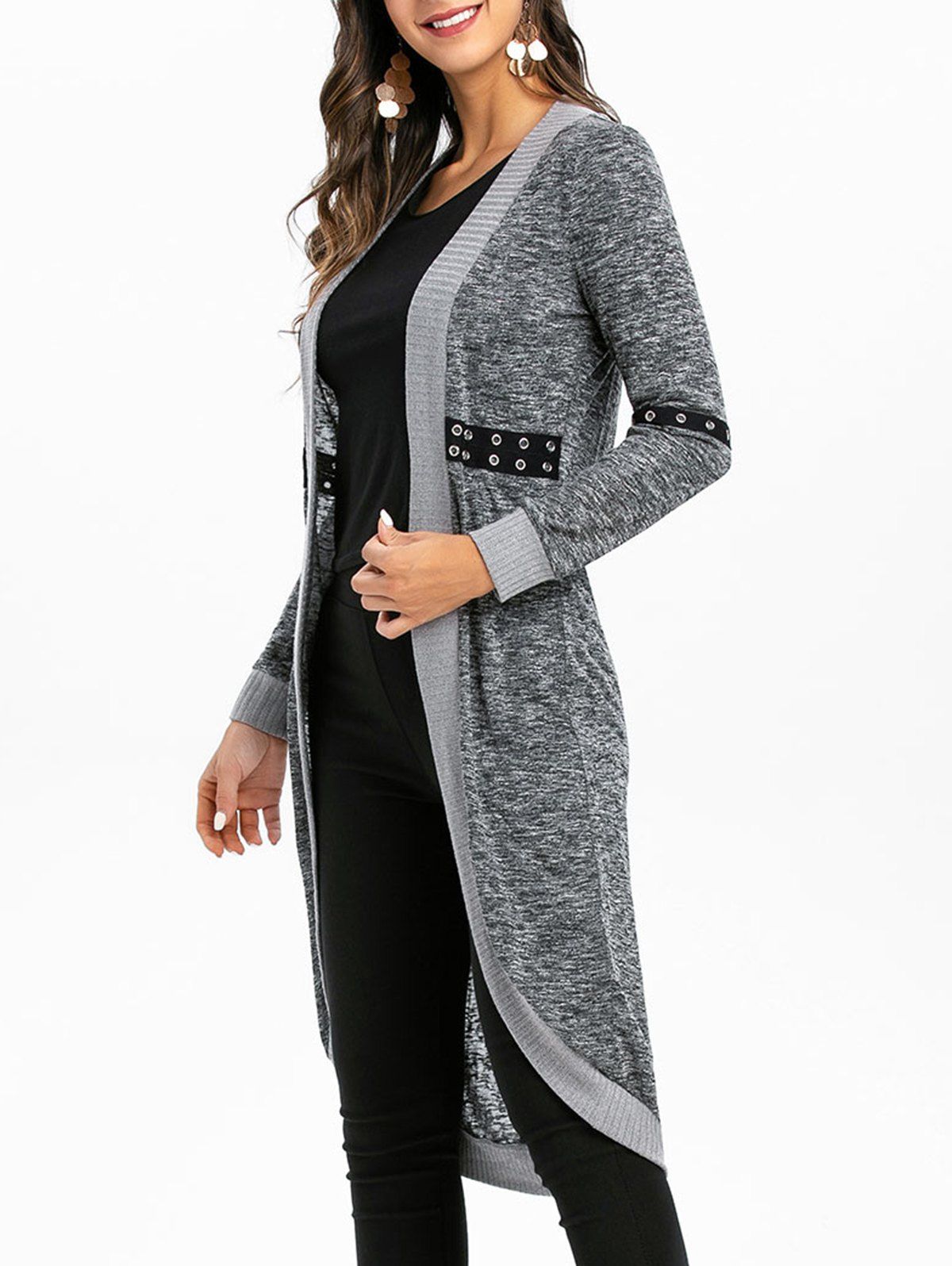 

Open Front Grommets Marled Cardigan, Gray