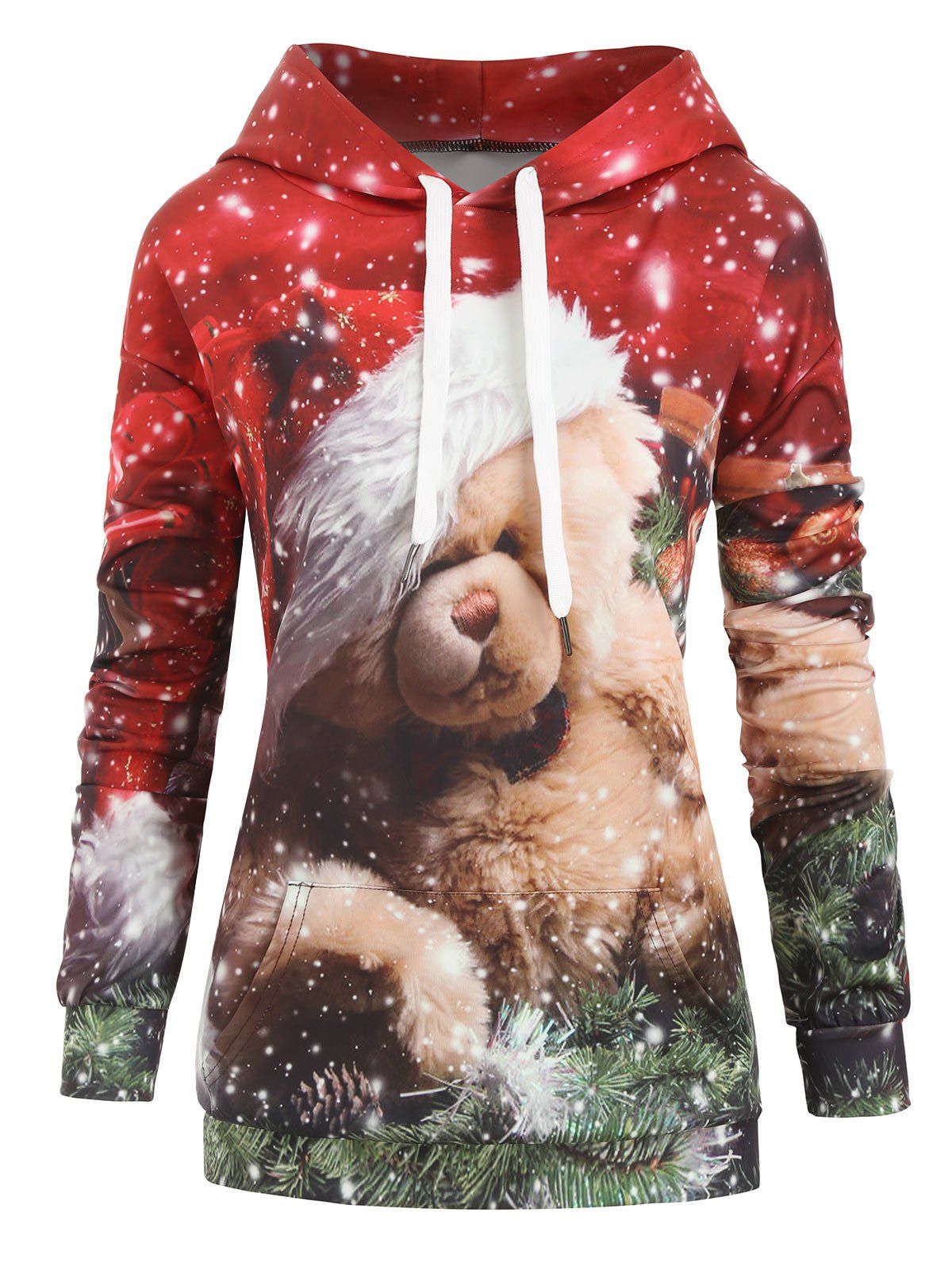 

Bear Graphic Front Pocket Christmas Drawstring Hoodie, Multi-b