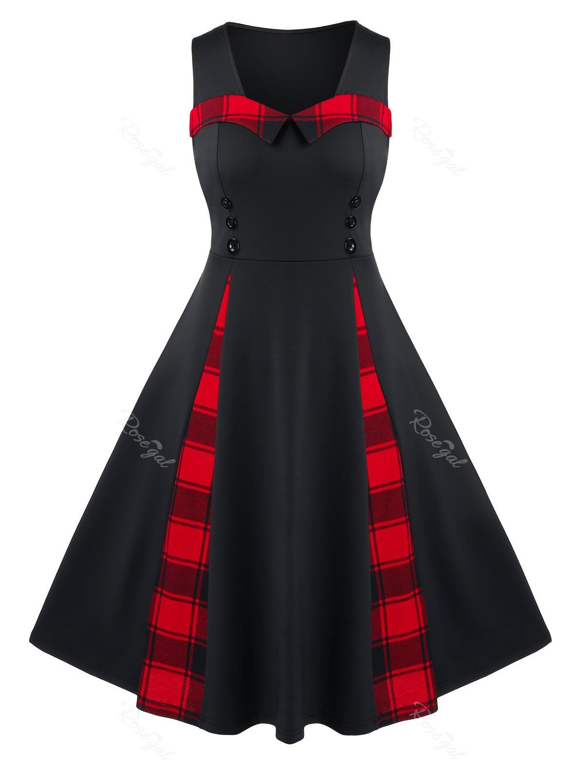 

Plus Size A Line Plaid Panel Sweetheart Neck Dress, Black