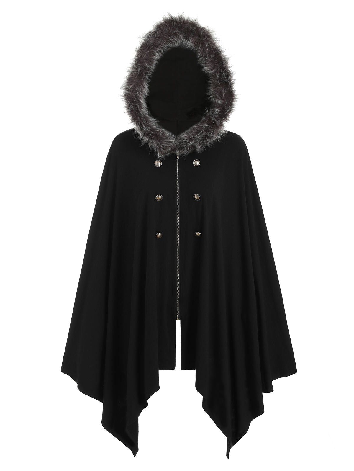 

Buttons Asymmetric Fur Trim Hooded Cardigan, Black
