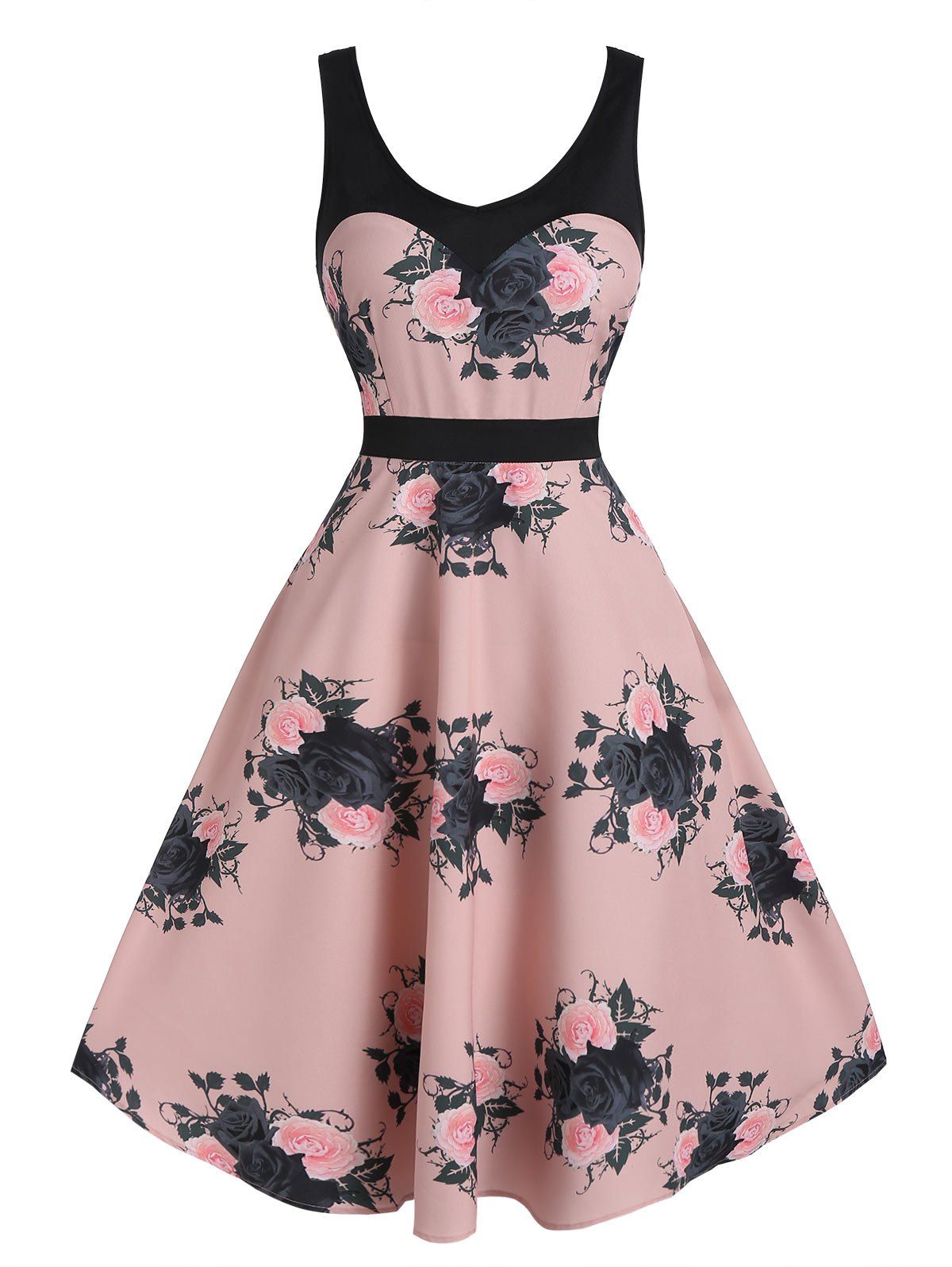 

Flower Print V Neck Sleeveless A Line Dress, Pink