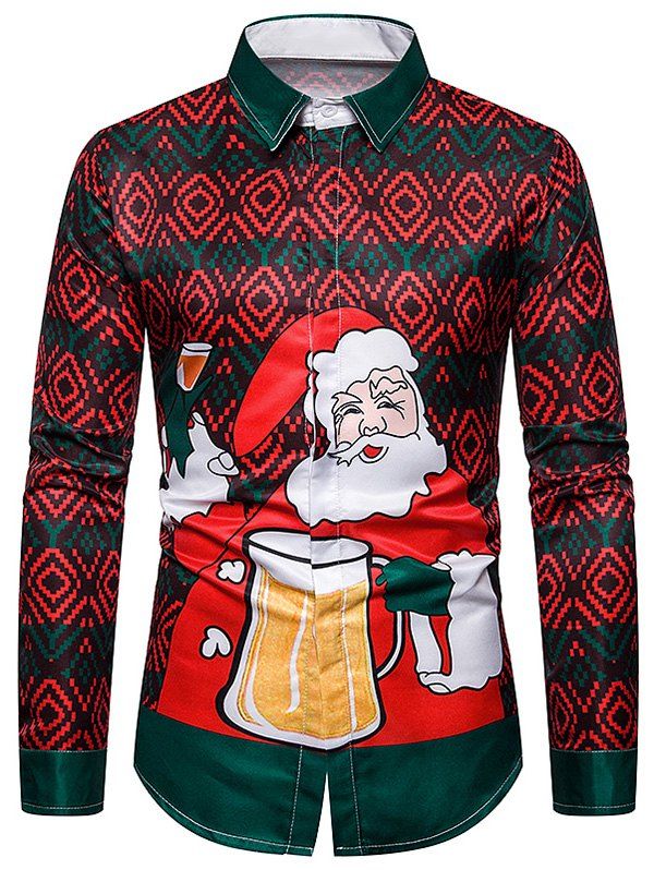 

Christmas Santa Drinking Beer Graphic Button Up Shirt, Multi