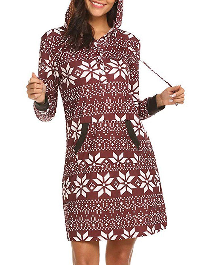 

Geo Print Hooded Button Placket Dress, Red