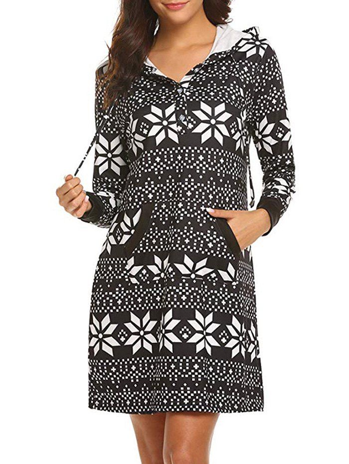 

Geo Print Hooded Button Placket Dress, Black