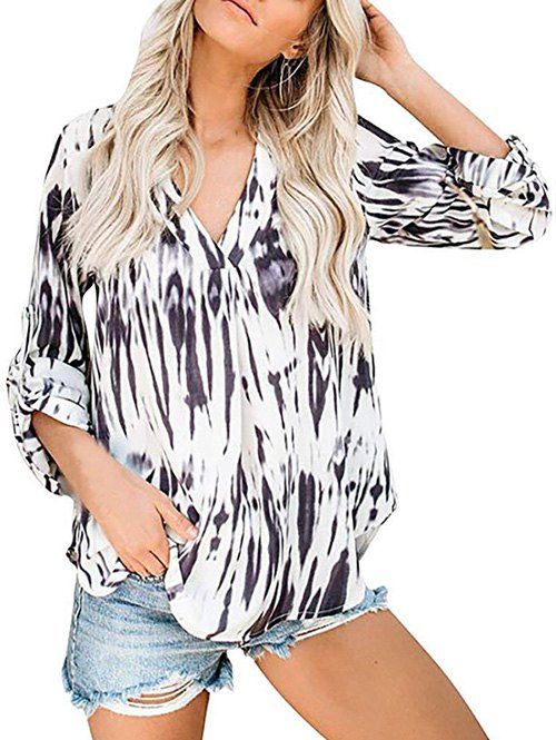 

V Neck Tie Dye Roll Sleeve Blouse, White