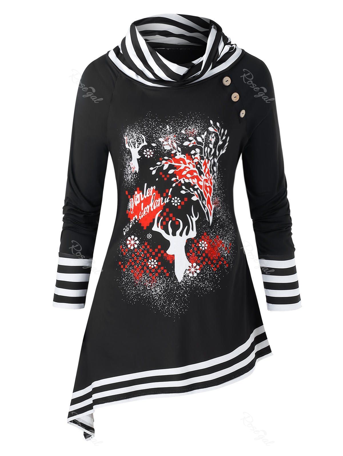 

Plus Size Christmas Elk Print Striped Asymmetric Tunic Sweatshirt, Multi