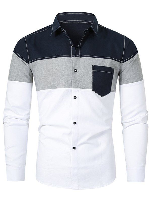 

Colorblock Splicing Long-sleeved Button Up Shirt, Gray