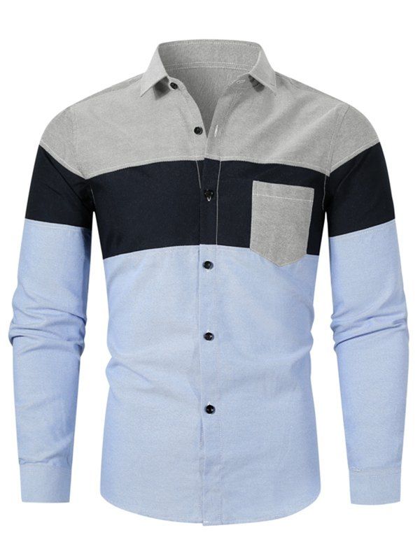 

Colorblock Splicing Long-sleeved Button Up Shirt, Cadetblue