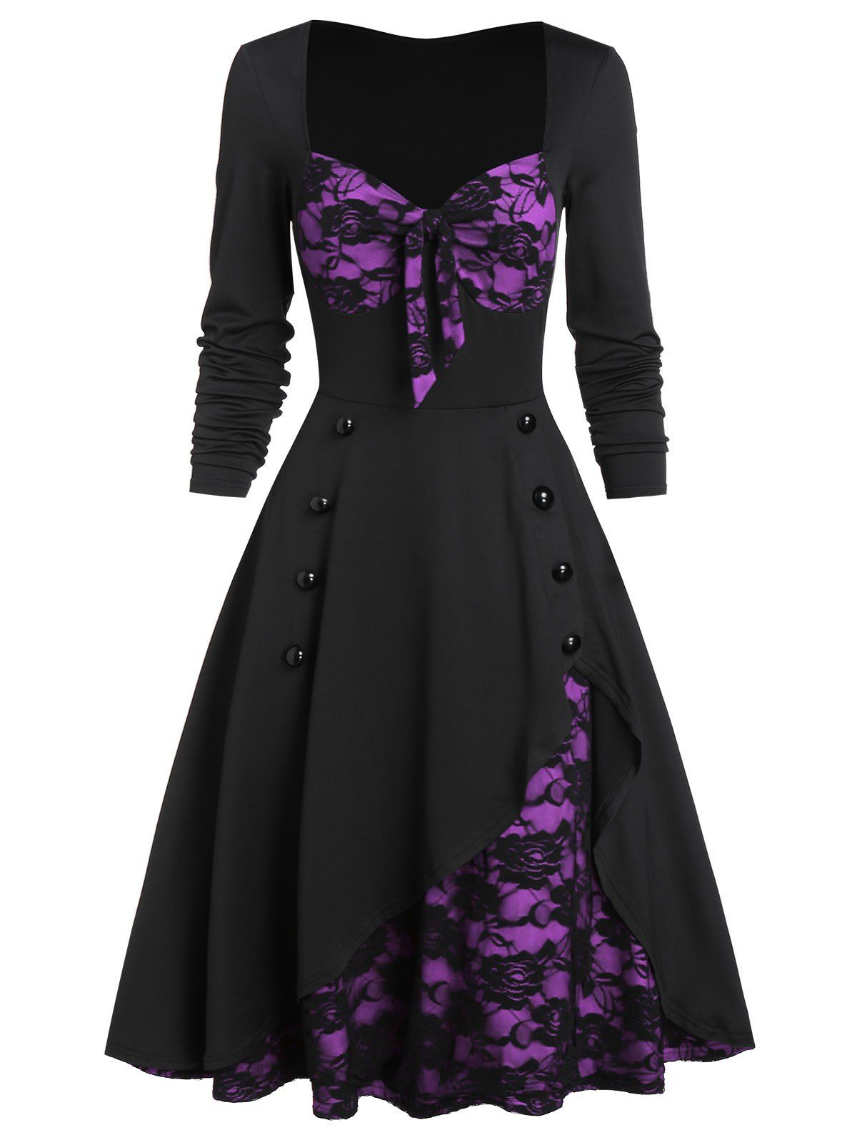 

Flower Lace Insert Mock Button Long Sleeve Vintage Dress, Heliotrope purple