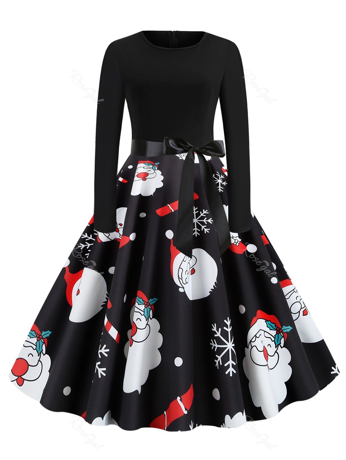 

Plus Size Christmas Vintage Santa Claus Print Party Dress, Black