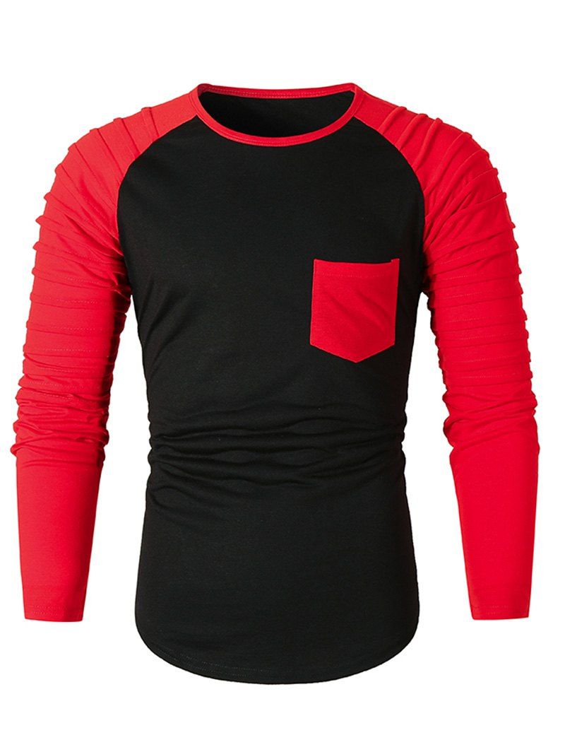 

Pleated Raglan Sleeve Colorblock Spliced Chest Pocket T-shirt, Black