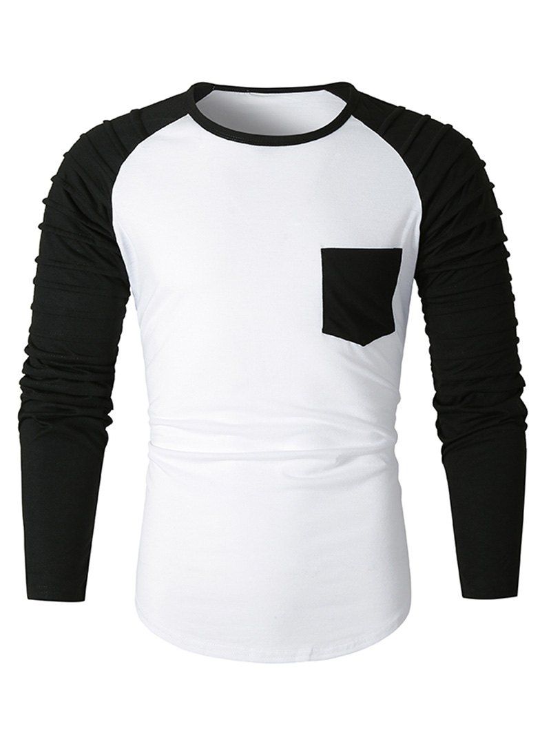 

Pleated Raglan Sleeve Colorblock Spliced Chest Pocket T-shirt, White