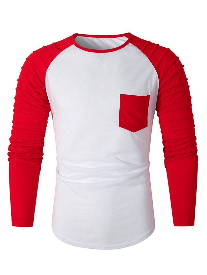 

Pleated Raglan Sleeve Colorblock Spliced Chest Pocket T-shirt, Red