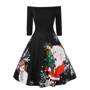 

Plus Size Fit And Flare High Waist Christmas Printed Dress, Black