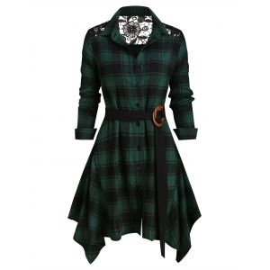 

Lace Panel Plaid Belted Asymmetric Shirt, Deep green