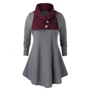

Plus Size Two Tone Tunic Turn-down Collar Sweater, Dark gray