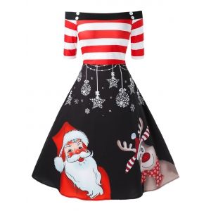 

Plus Size Fit And Flare Off The Shoulder High Waist Christmas Dress, Black