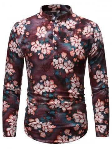 Vintage Floral Print Stand Collar Henley Shirt - MULTI - XL