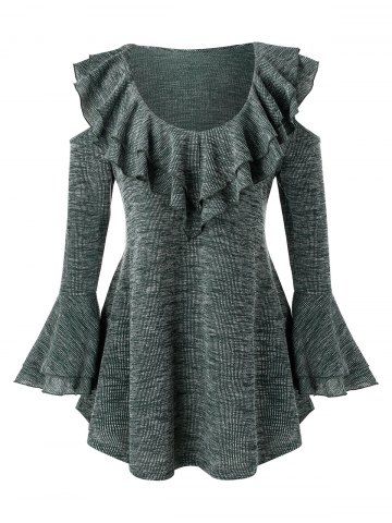 Plus Size Ruffle Open Shoulder Bell Sleeve Top