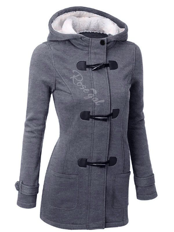 

Plus Size Faux Fur Horn Button Hooded Coat, Gray