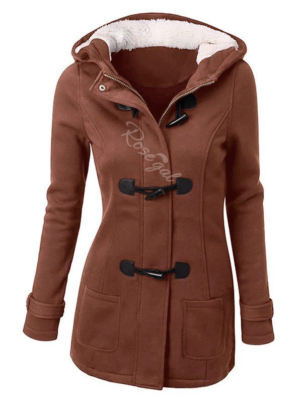 

Plus Size Faux Fur Horn Button Hooded Coat, Brown
