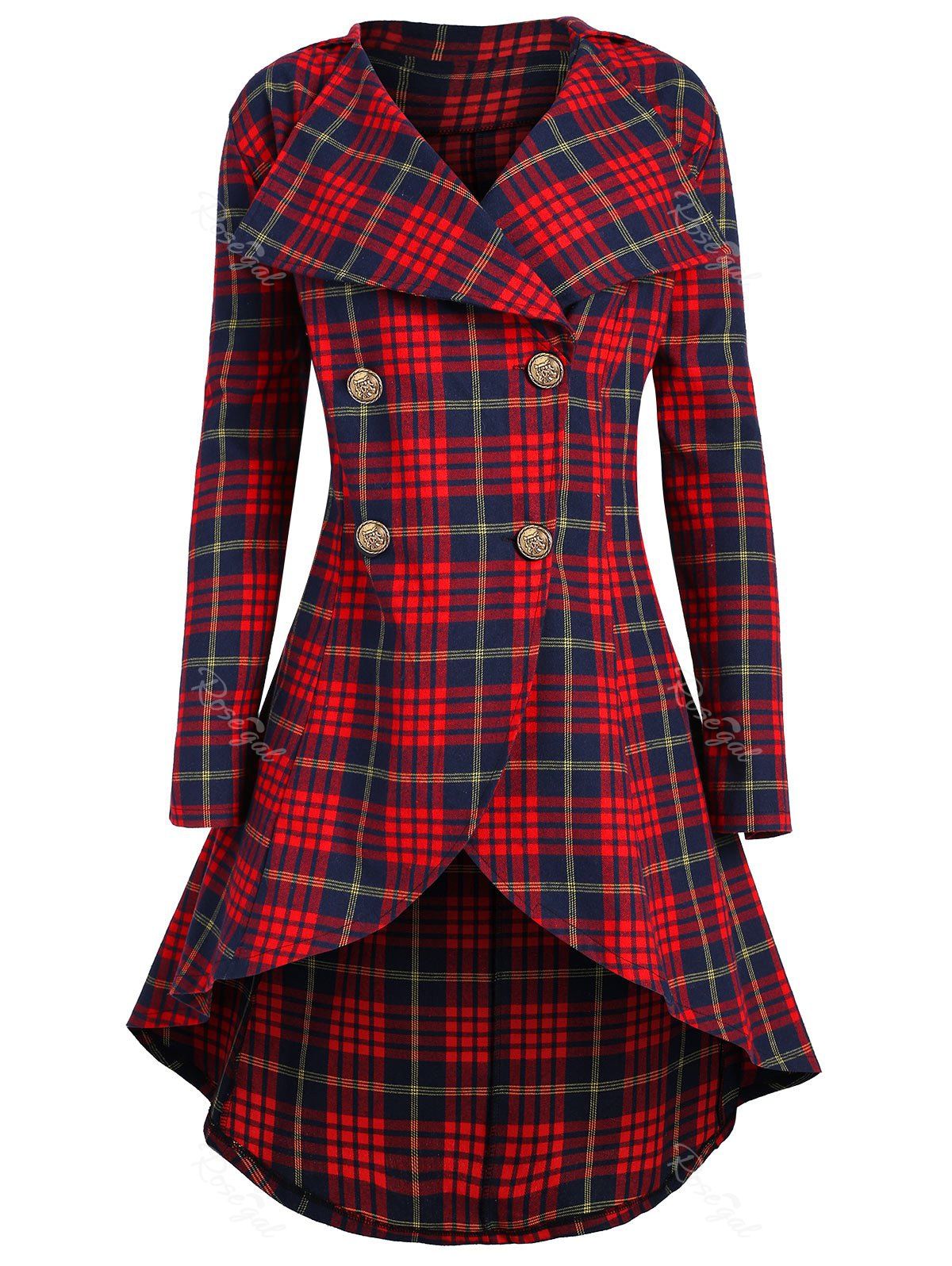 

Plus Size High Low Double Breasted Plaid Coat, Red