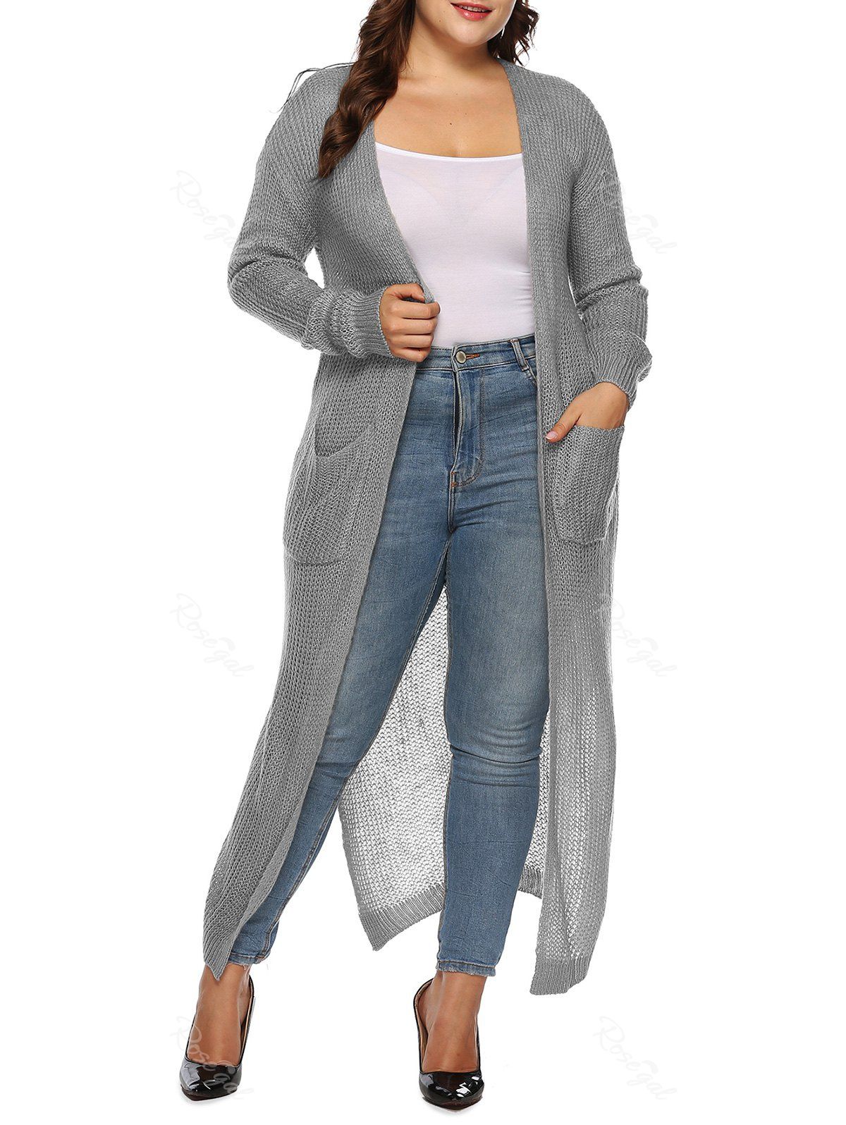 

Longline Open Placket Dual Pocket Slit Plus Size Cardigan, Gray goose