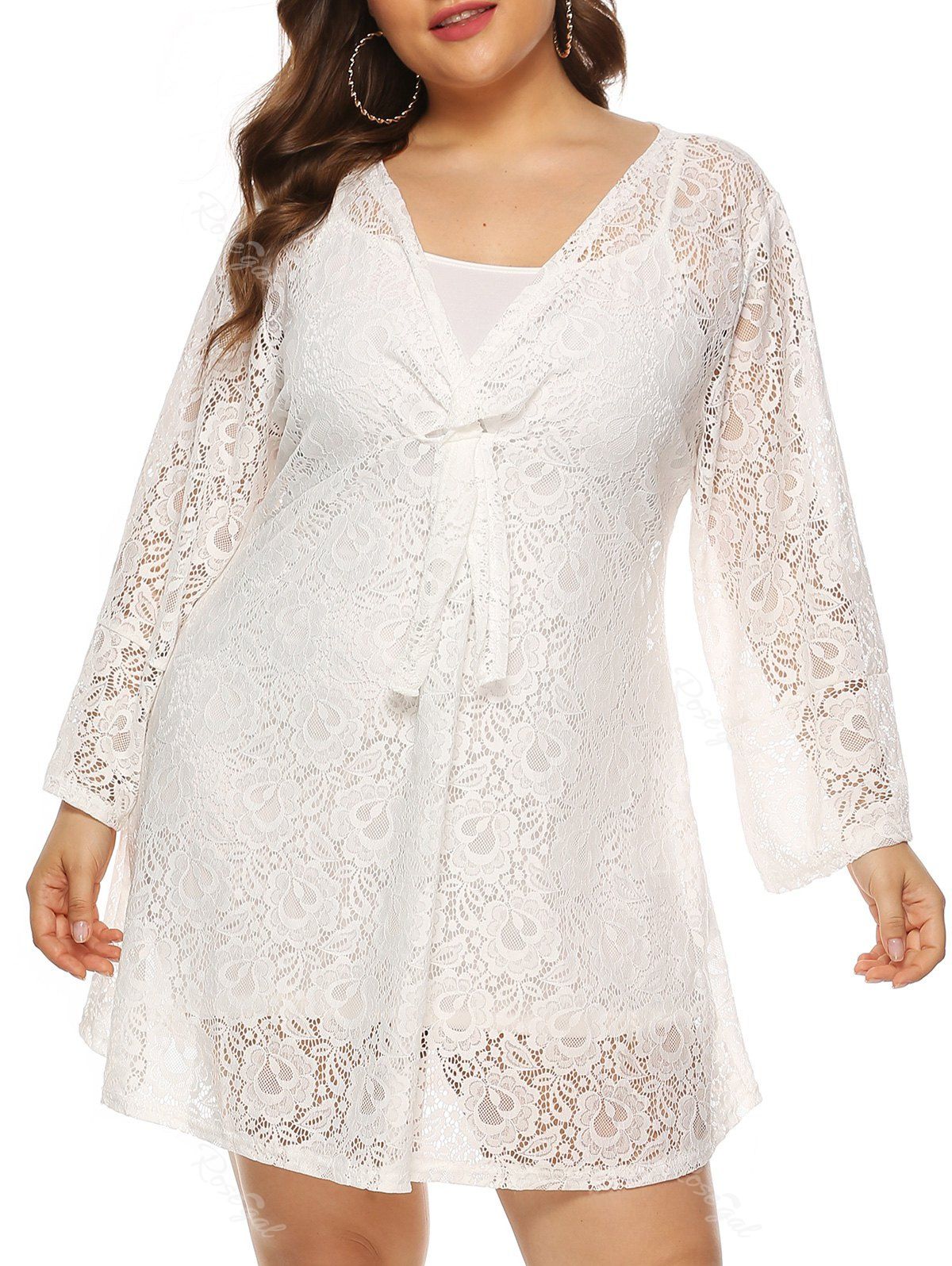 

Long Sleeve Twist Front Mini Plus Size Lace Dress, White