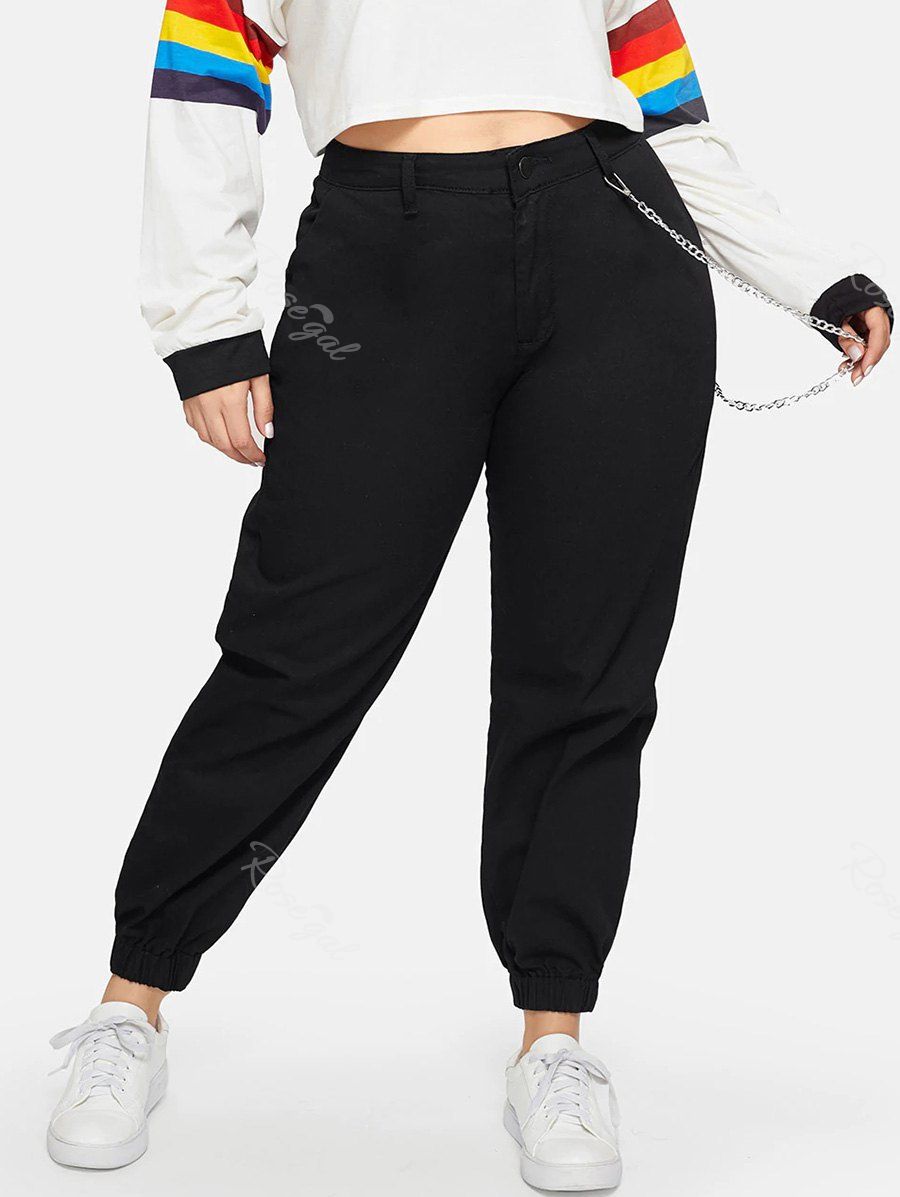 

High Waisted Pockets Chain Plus Size Jogger Pants, Black