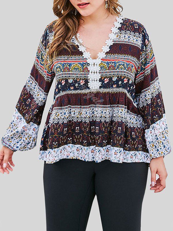 

V Neck Floral Applique Printed Plus Size Blouse, Multi