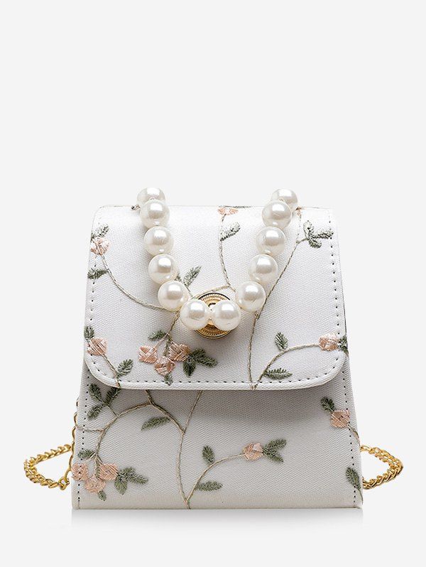 

Faux Pearl Embroidery Flower Crossbody Bag, Milk white